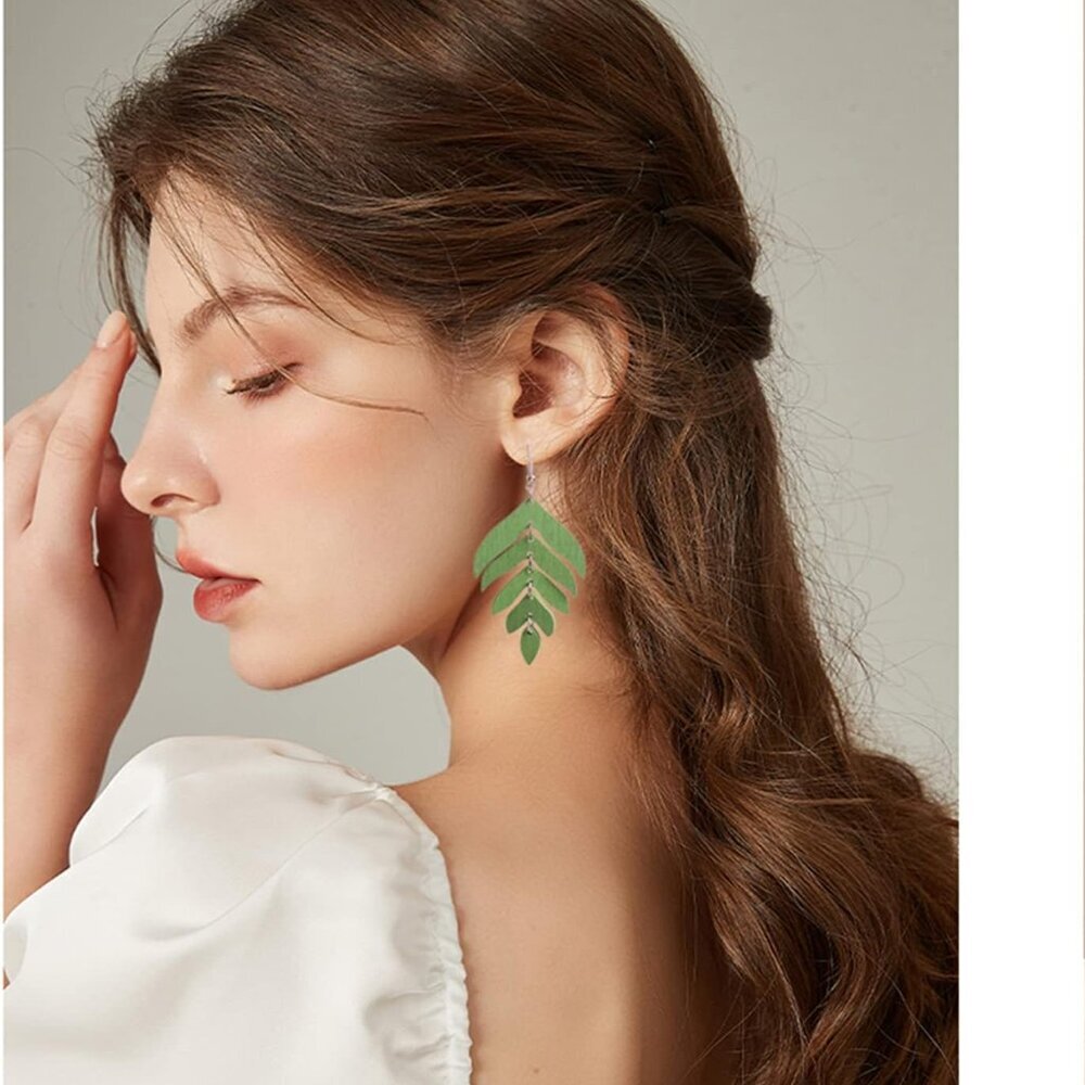 Handmade Lightweight Wooden Leaf Drop Dangle Earrings Bohemian Nature Wood Chain - Picture 6 of 6